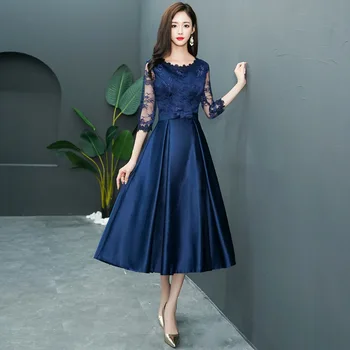 2019 naujų vidutinio ilgio skyriuje pokylių suknelė plonas nėrinių pusė rankovių suknelė Tamsiai mėlyna vakarinę suknelę Pagerėjo qipao Dydis S-3XL