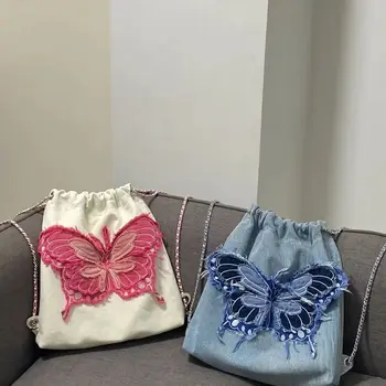 2023 Naujų Korėjos Vintage Džinsai Moterims, Kuprinės, Drugelis Siuvinėjimo Grandinės Kutas Atsitiktinis Ponios Pečių Maišą Femme Tote Bag Rankinė