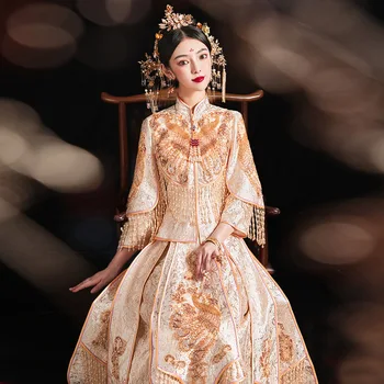 3 Modeliai Vestuvių Vasaros 2022 Naujas Kinijos Drabužių, Tradicinių Vestuvių Nuotakos Suknelė Aukso Temperamentas Bridesmaid Suknelę, Kostiumą