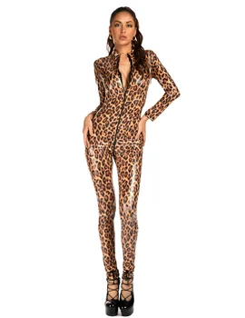 Erotinis Seksualus Leopard Jumpsuit Moterų Dirbtiniais Odos PVC, Latekso Bodysuit Užtrauktukas Atvira Tarpkojo Erotinis Fetish Catsuit Clubwear Kostiumas