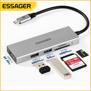 Essager 5 in 1 USB Tipo C HUB USB C iki HDMI suderinamus RJ45 SD Reader, USB 3.0-2.0 HUB Nešiojamas Kompiuteris Doko Stotis Splitter