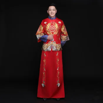 vyrų raudona cheongsam taurę kostiumai jaunieji suknelė striukė ilga suknelė tradicinės Kinų stiliaus vestuvių Qipao vyrų siuvinėjimo tango kostiumas