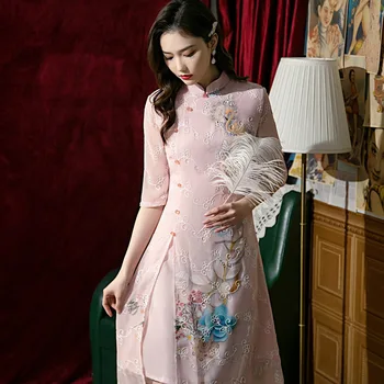 Šifono Cheongsam 2022 Naujas Kranas Siuvinėjimo Mergina Pagerino Tradicinę Kinų Stiliaus Vestuvės Dress Aodai Qipao Moterims