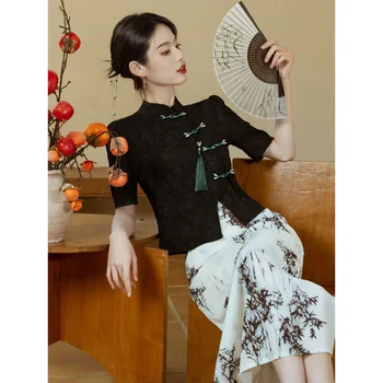 Šiuolaikinės Kinų Stiliaus Tang Kostiumas Moterims Juoda Žakardo Žalią Mygtuką Marškinėliai Bambuko Spausdinti Sijonas Patobulino Retro Cheongsam Suknelė