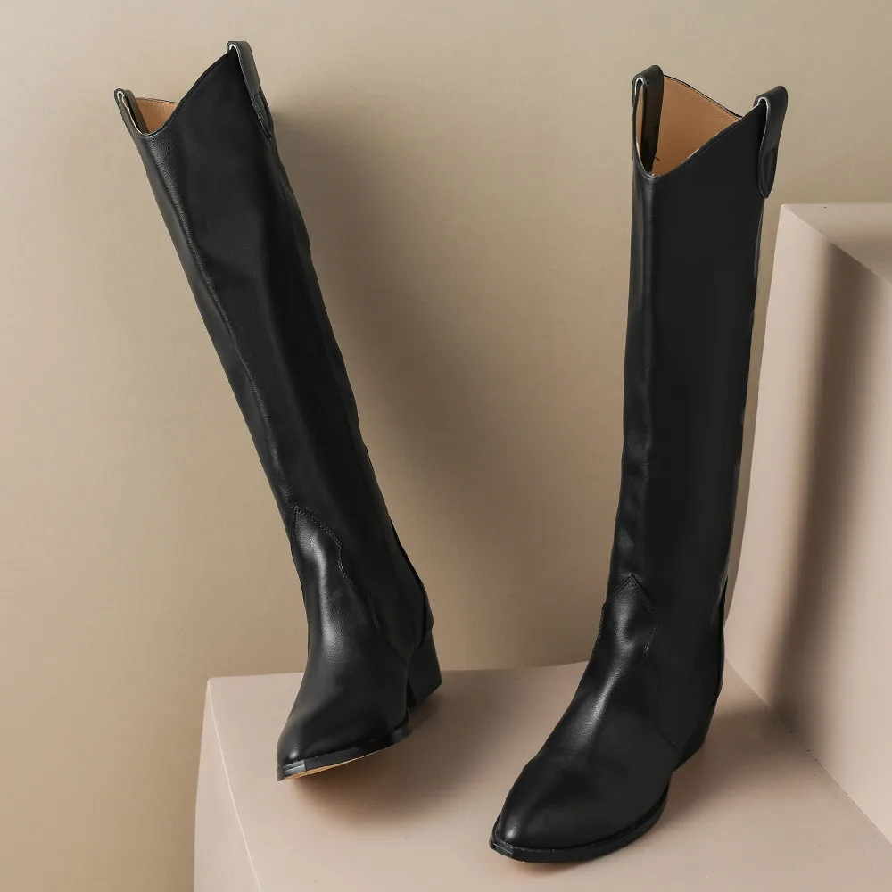 Moterų natūralios odos pažymėjo tne slip-on rudens kelio ilgi batai 4.5 cm storio mažo kulno atsitiktinis moterų ilgai winer batai batai karšto